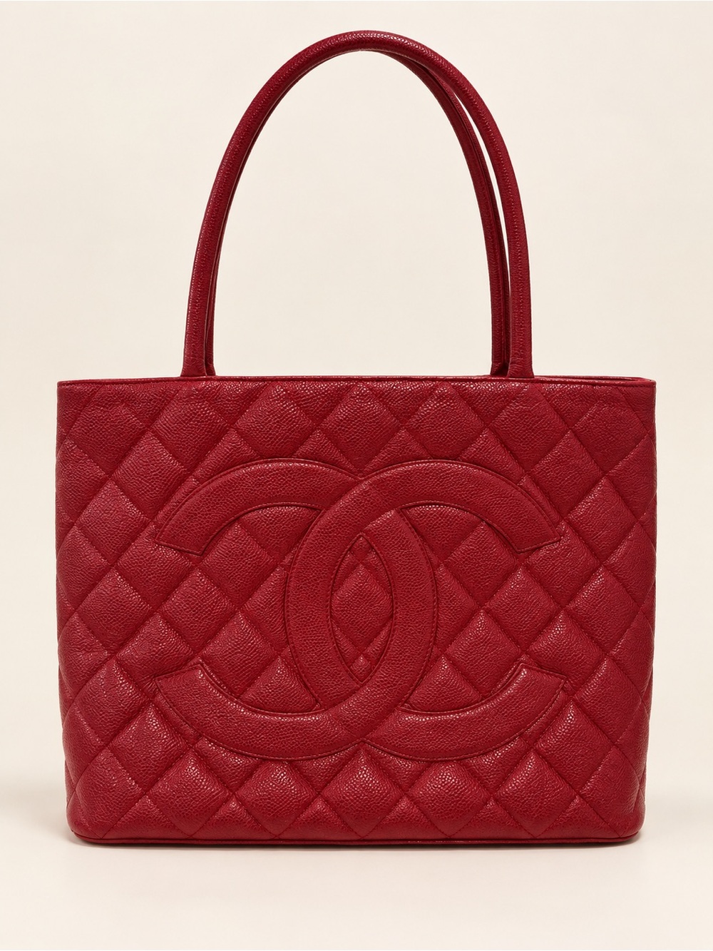 CHANEL Red Quilted Leather Tote with Large CC Emblem with COA
